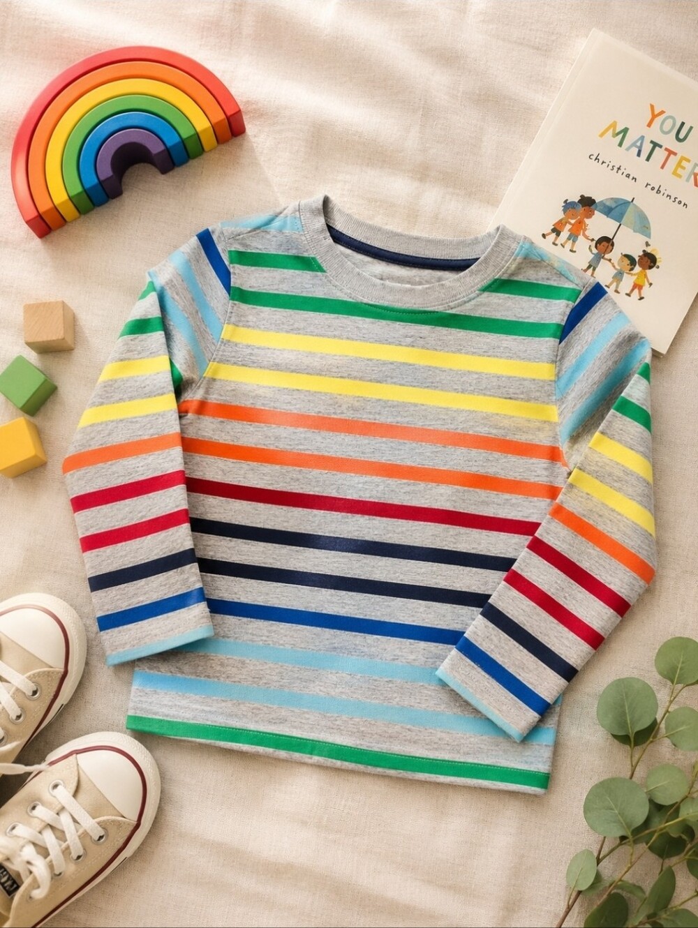 Primary Rainbow Stripe Long Sleeve Tee 3T Gray Multicolor Cotton Shirt